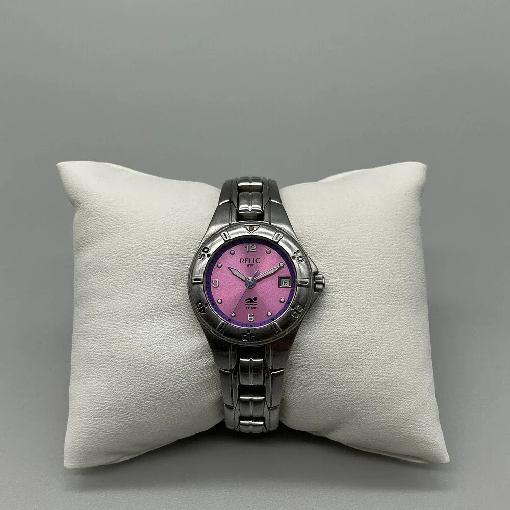 Relic Wet Womens Watch 25mm Pink Dial Stainless Bracelet Date New Battery 5.75
